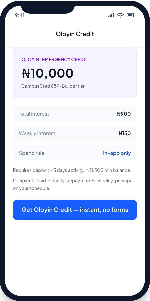 Oloyin Credit on OrbytPay — Live Screenshot — Oloyin OrbytPay credit, campus microcredit screenshot