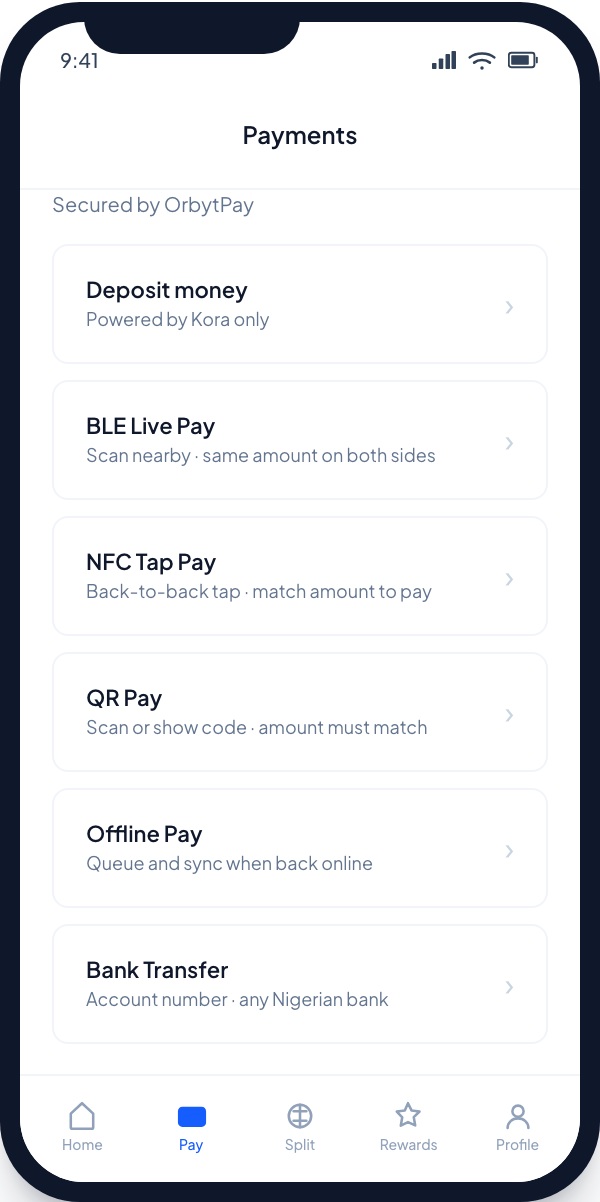 OrbytPay Payments Hub — Live Screenshot — OrbytPay payments hub, BLE NFC pay, campus payment screenshot